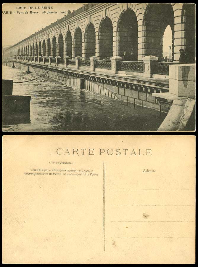 PARIS FLOOD 28 Janvier 1910 Old Postcard Pont de Bercy Bridge Flooded River View