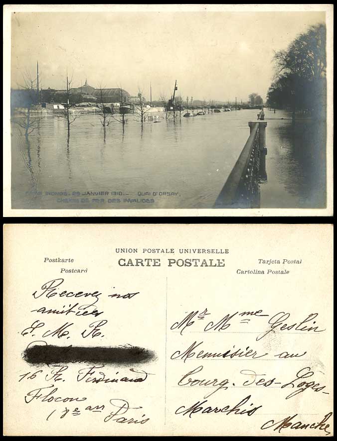 PARIS FLOOD 29 Jan 1910 Old Postcard Chemin de fer des Invalides, Railway Bridge