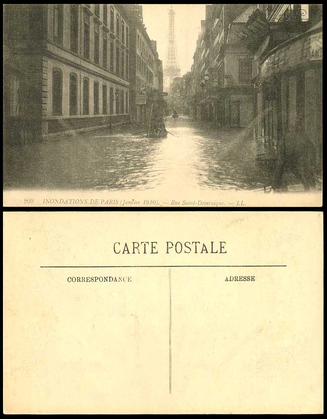 PARIS FLOOD 1910 Old Postcard Rue Saint-Dominique Tour Eiffel Tower Boat L.L.209