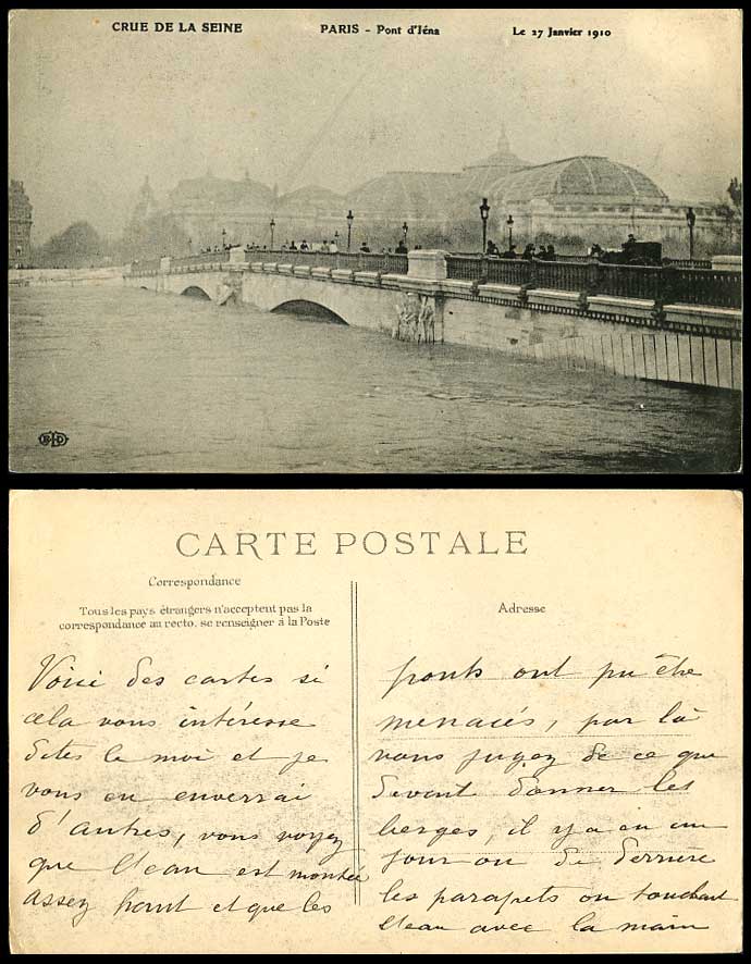 PARIS FLOOD 27 Jan 1910 Old Postcard Pont d'Lena Lena Bridge Flooded River Scene