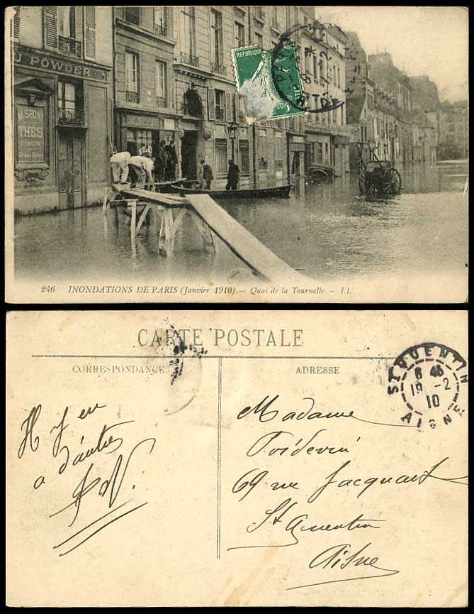PARIS FLOOD 1910 Old Postcard Quai de La Tournelles Footbridge Bridge Boat LL246