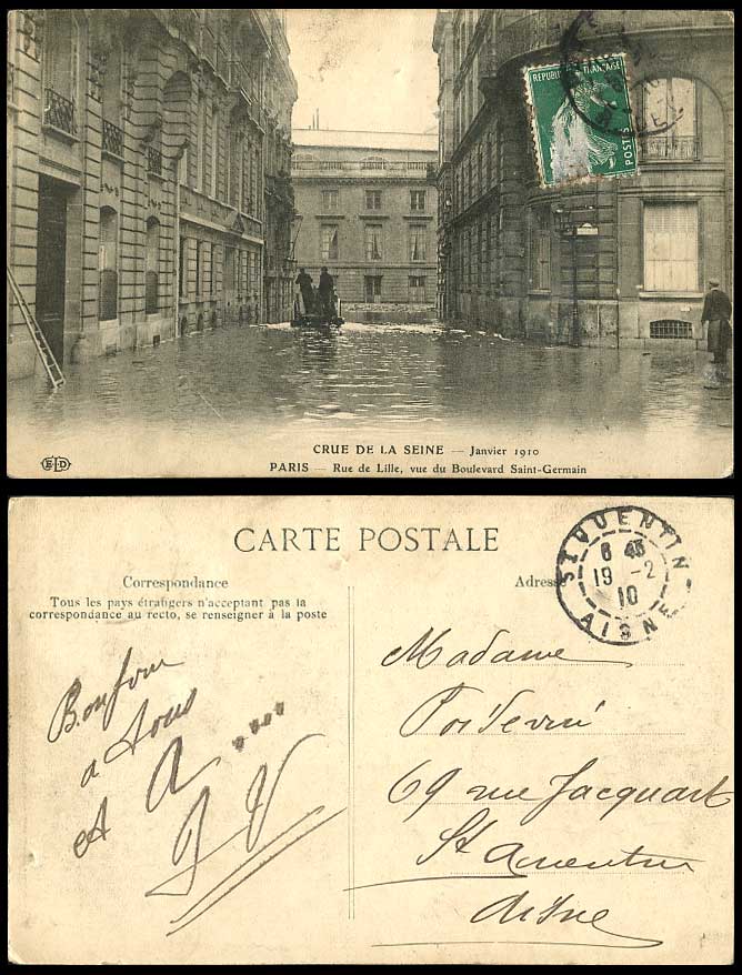 PARIS FLOOD 1910 Old Postcard Rue de Lille Vue du Boulevard Saint-Germain Ladder