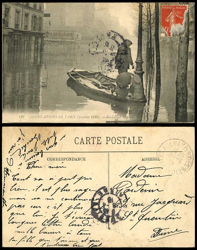 PARIS FLOOD 1910 Old Postcard Boulevard Diderot Flooded Street Scene Boat LL 127