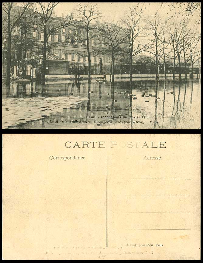 PARIS FLOOD 1910 Old Postcard Ministere des Affaires Etrangeres, le Quai d'Orsay
