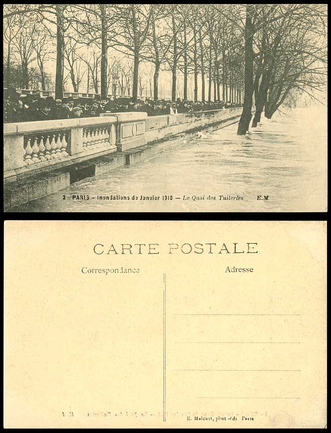 PARIS FLOOD Jan 1910 Old Postcard Le Quai des Tuileries Quay Disasters Onlookers
