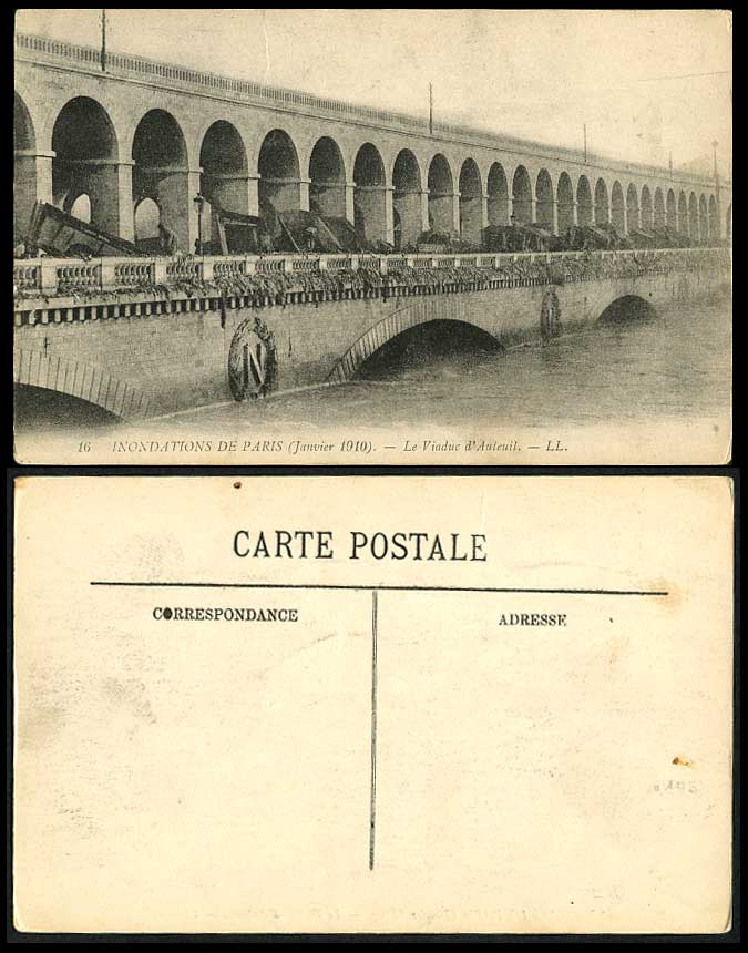 PARIS FLOOD Jan. 1910 Old Postcard Le Viaduc d'Auteuil Viaduct Bridge L.L. No.16