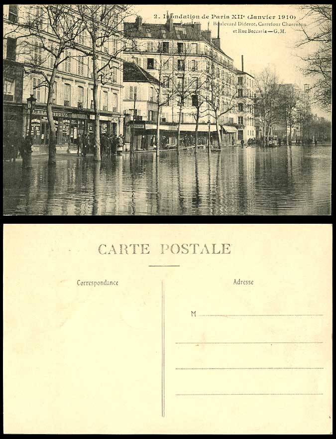 PARIS FLOOD 1910 Old Postcard Boulevard Diderot Carrefour Charenton Rue Beccaria