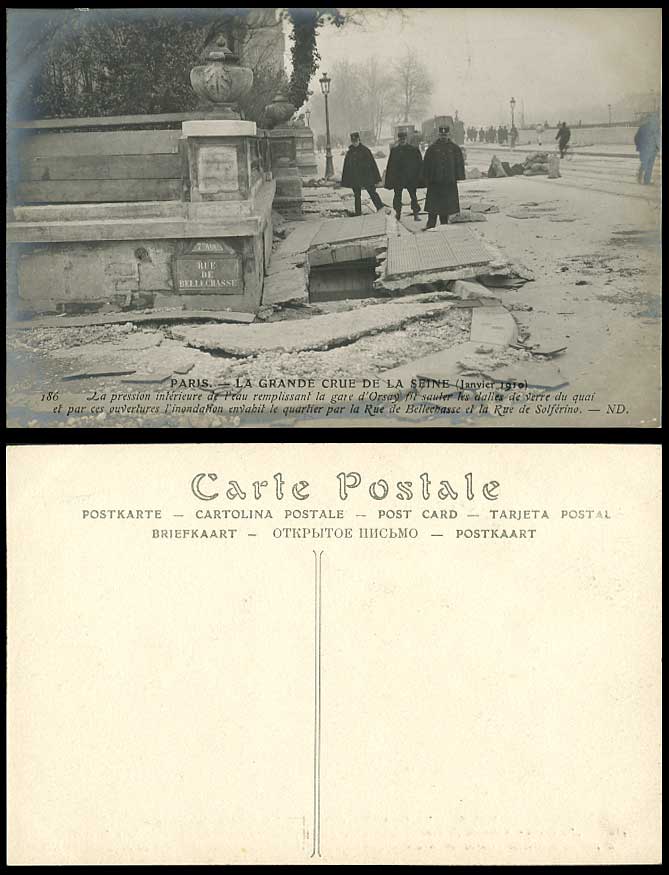PARIS FLOOD 1910 Old Postcard Rue de Bellechasse, Rue de Solferino, Gare d'Orsay