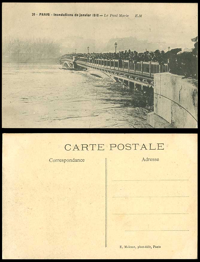 PARIS FLOOD 1910 Old Postcard Le Pont Marie Bridge Crowd Onlookers Flooded Seine