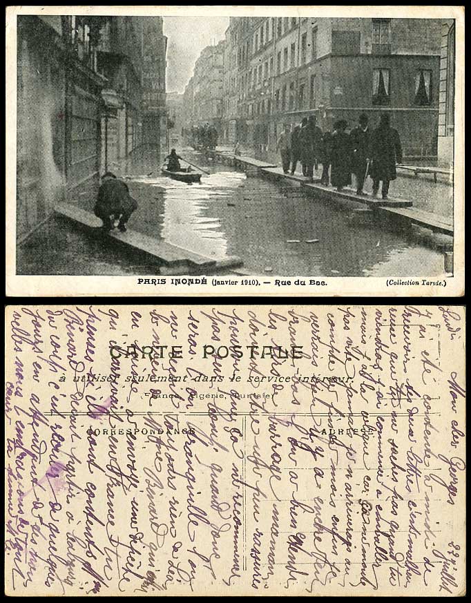 PARIS FLOOD 1910 Old Postcard RUE DU BAC Flooded Street & Boat Footbridge Bridge