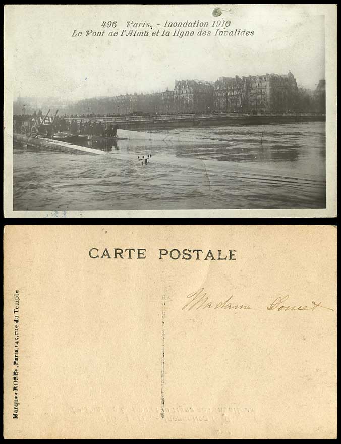 PARIS FLOOD 1910 Old Postcard Bridge Le Pont de l'Alma et la Ligne des Invalides