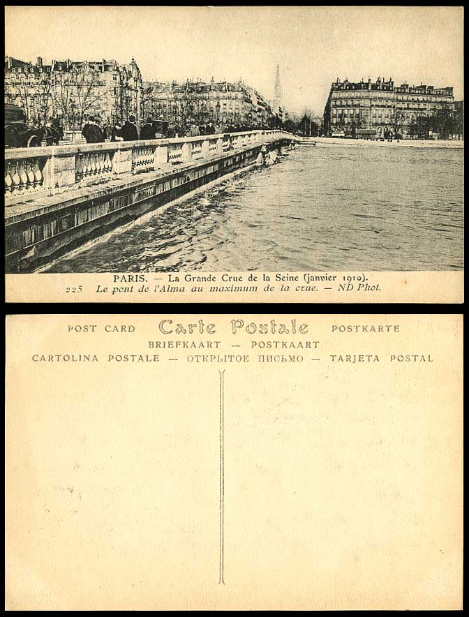 PARIS FLOOD 1910 Old Postcard Alma Bridge Pont de l'Alma au Maximum de la Crue