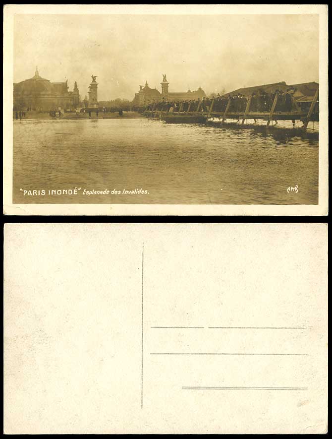 PARIS FLOOD Old Real Photo Postcard Esplanade des Invalides, Bridge, Footbridge