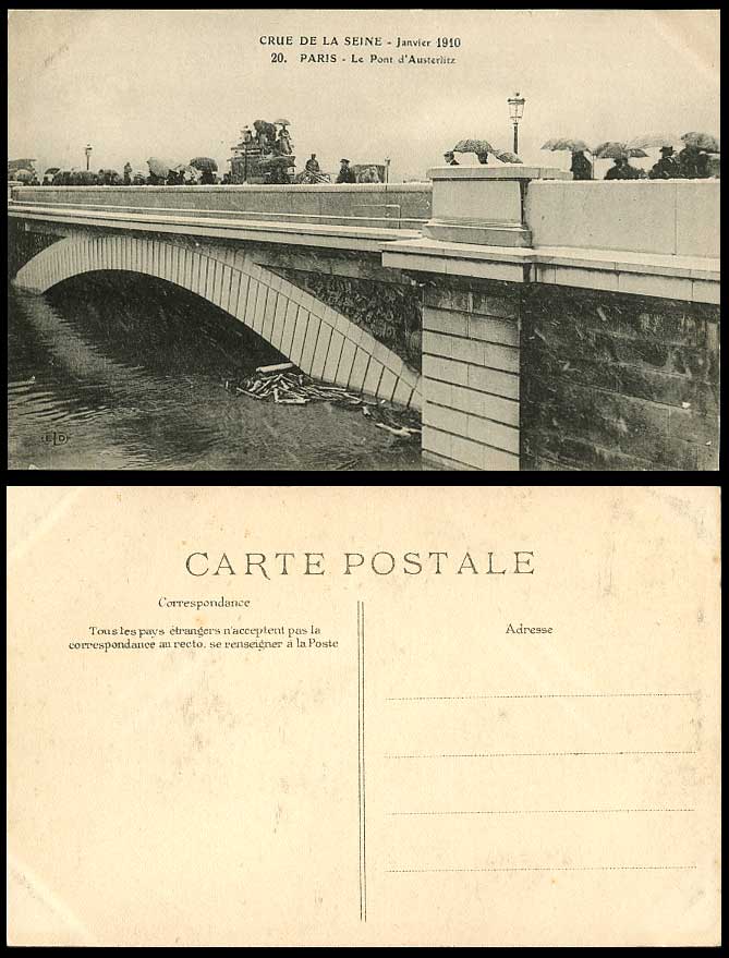 PARIS FLOOD Ja 1910 Old Postcard Le Pont d'Austerlitz Bridge Horse Cart Umbrella