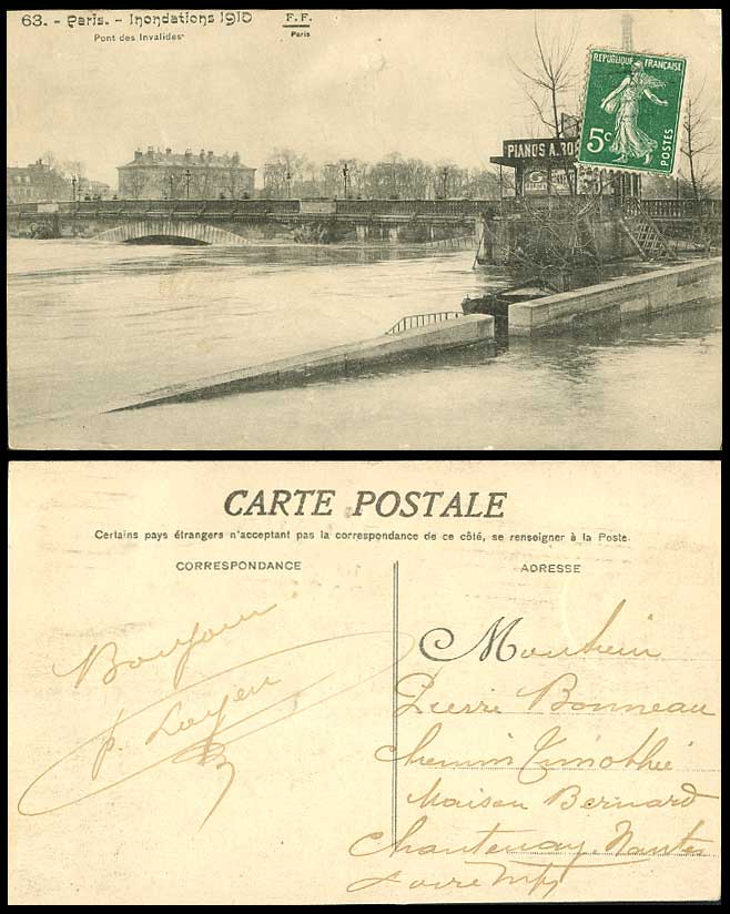 PARIS FLOOD 5c Sower 1910 Old Postcard Bridge Pont des Invalides Pianos A. FF 63