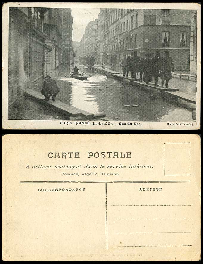 PARIS FLOOD Jan. 1910 Old Postcard RUE DU BAC Street Boat Footbridges Restaurant