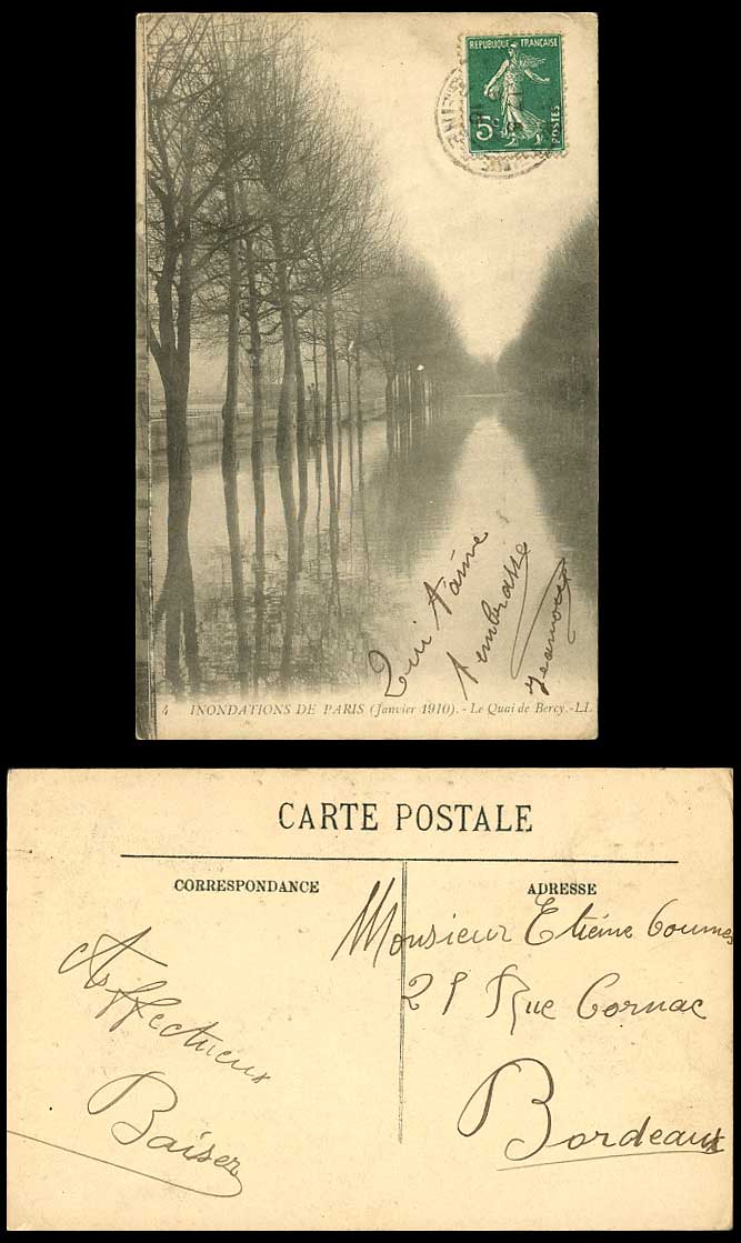 PARIS FLOOD 5c Sower Janvier 1910 Old Postcard Quay Quai de Bercy L.L 4 Disaster