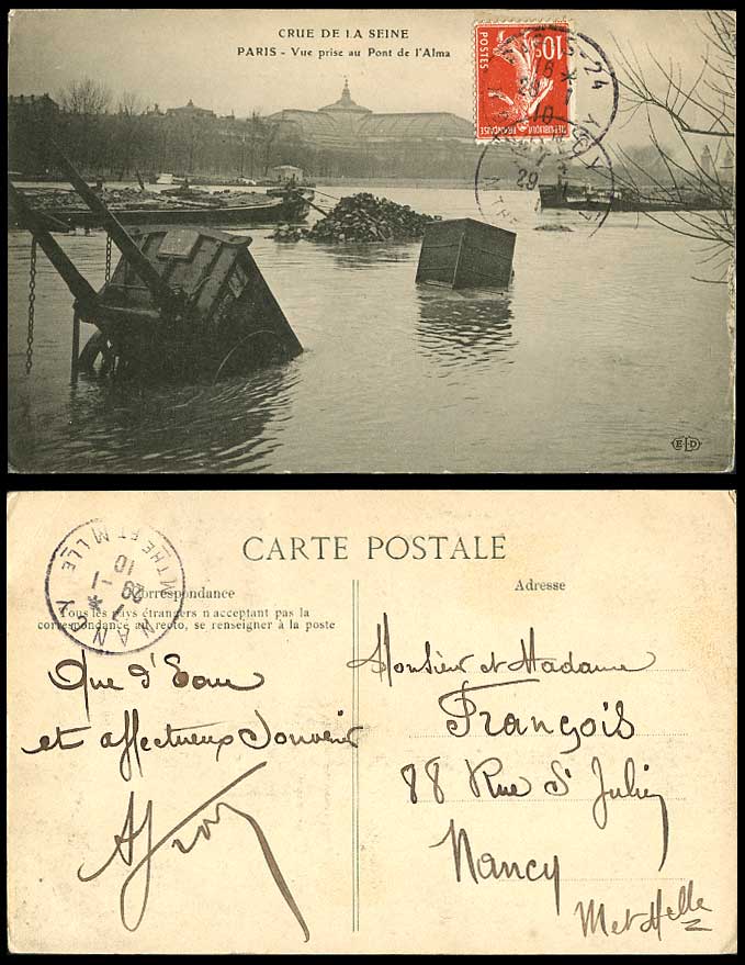 PARIS FLOOD 10c Sower 1910 Old Postcard Vue prise au Pont de l'Alma Bridge Boats