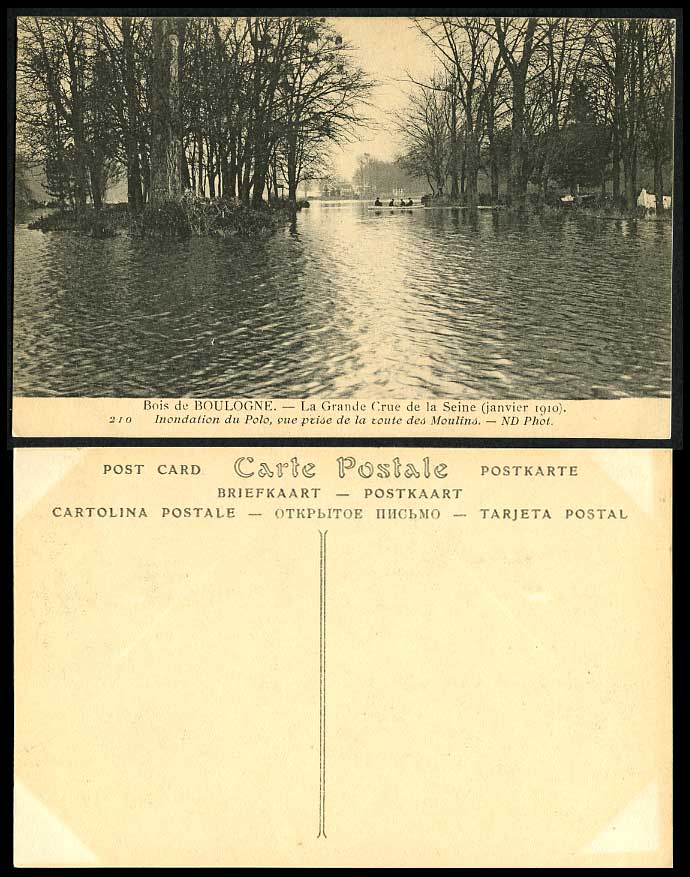 Bois de Boulogne FLOOD 1910 Old Postcard POLO, vue prise des Moulins, from Mills