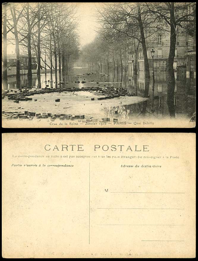 PARIS FLOOD Janvier 1910 Old Postcard Quay Quai Debilly, Crue de La Seine River