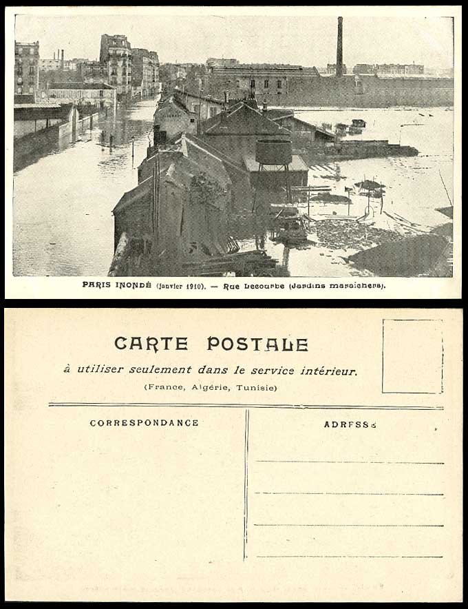 PARIS FLOOD 1910 Old Postcard Rue Lecourbe Street Scene Jardin Maraicher Gardens