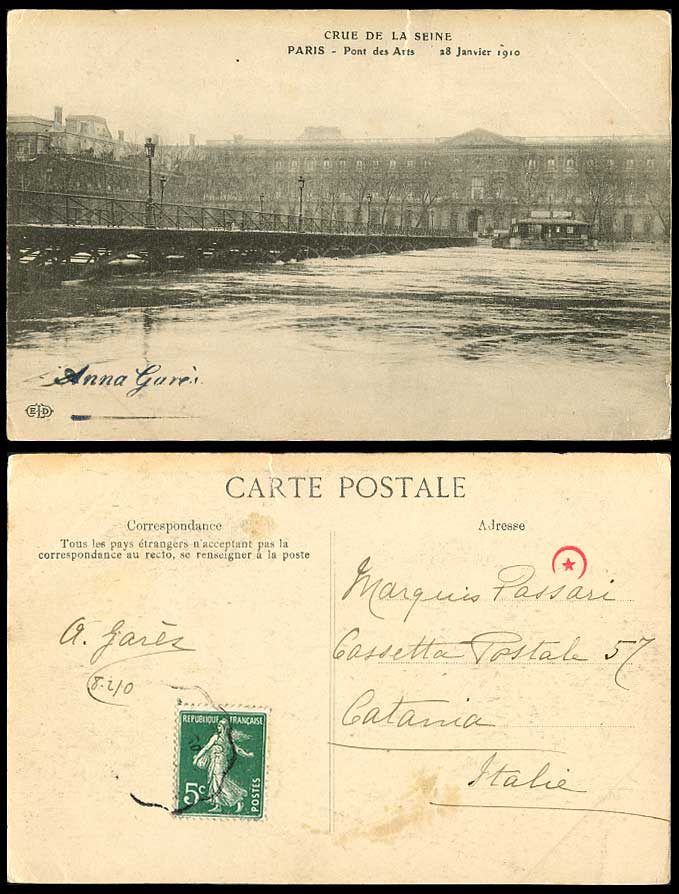 PARIS FLOOD 28 Jan. 1910 Postcard Pont des Arts Bridge Crue de la Seine Disaster