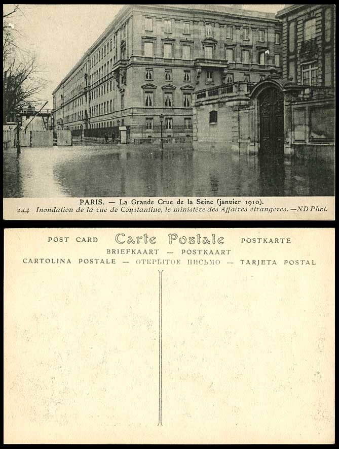 PARIS FLOOD 1910 Old Postcard Rue de Constantine Street Foreign Affairs Ministry