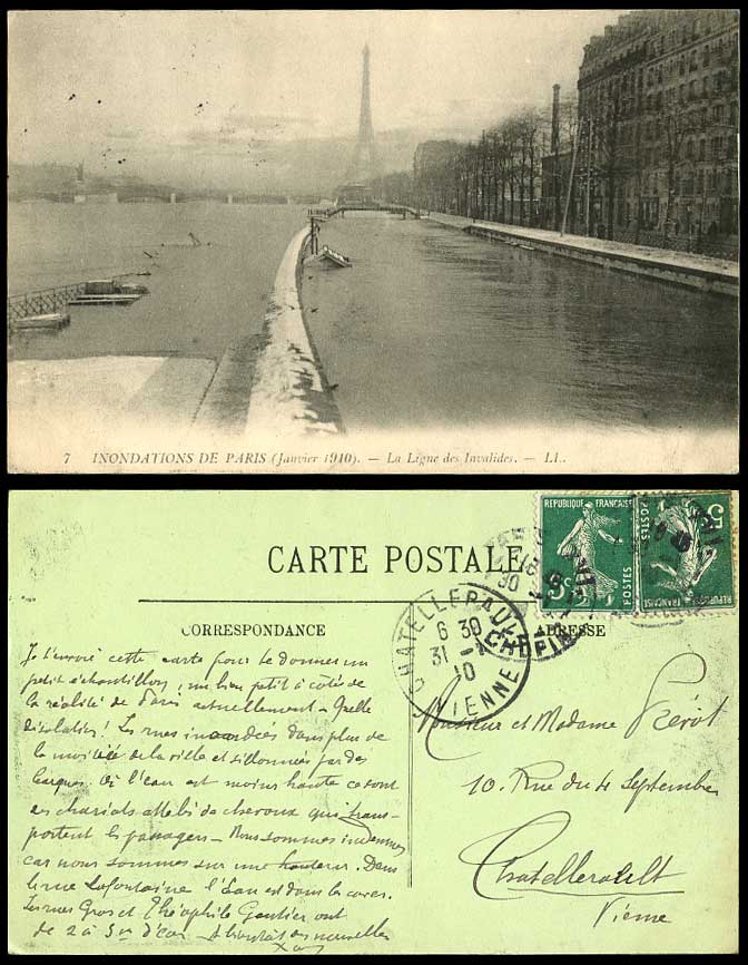 PARIS FLOOD 1910 Old Postcard Ligne des Invalides TOUR EIFFEL TOWER Bridge L.L.7
