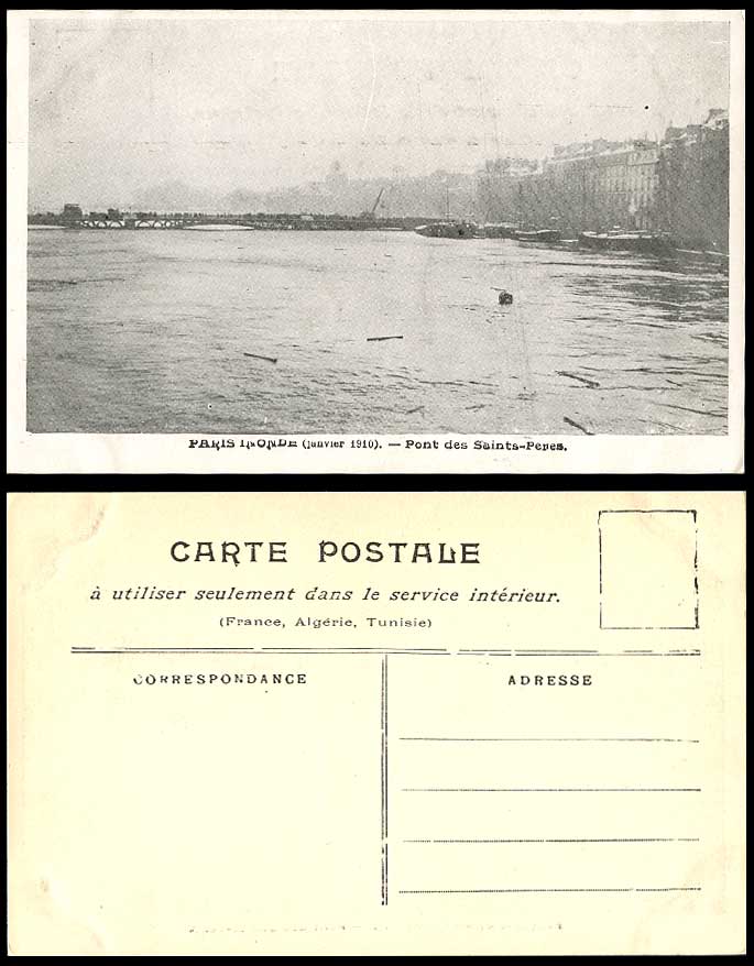 PARIS FLOOD Janvier 1910 Old Postcard Pont des Saints-Peres Bridge Flooded River