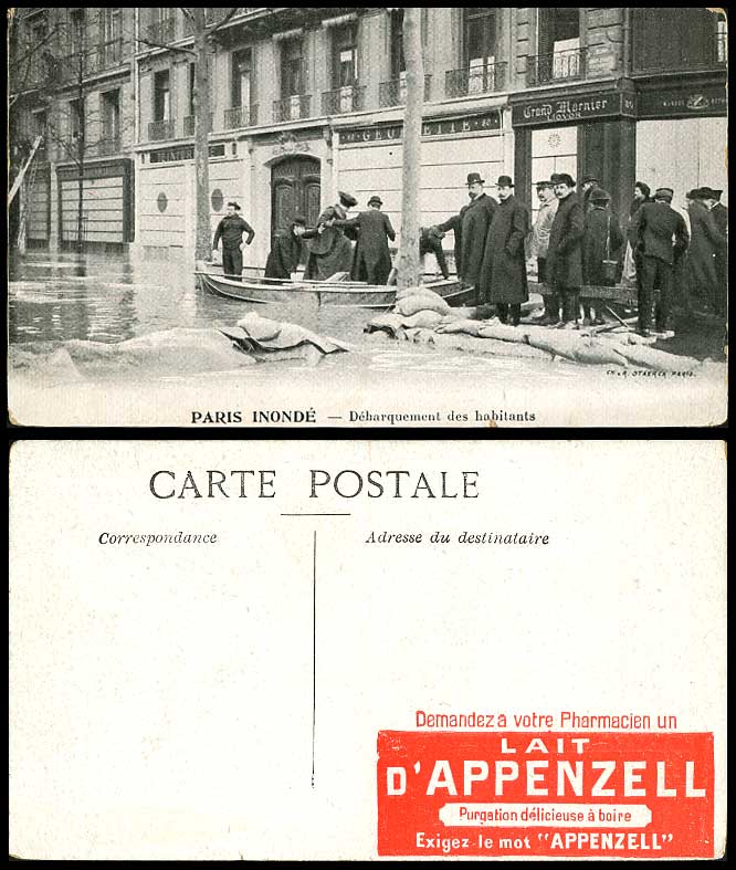 PARIS FLOOD 1910 Old Postcard Debarquement des Habitants Appenzell Advertisement