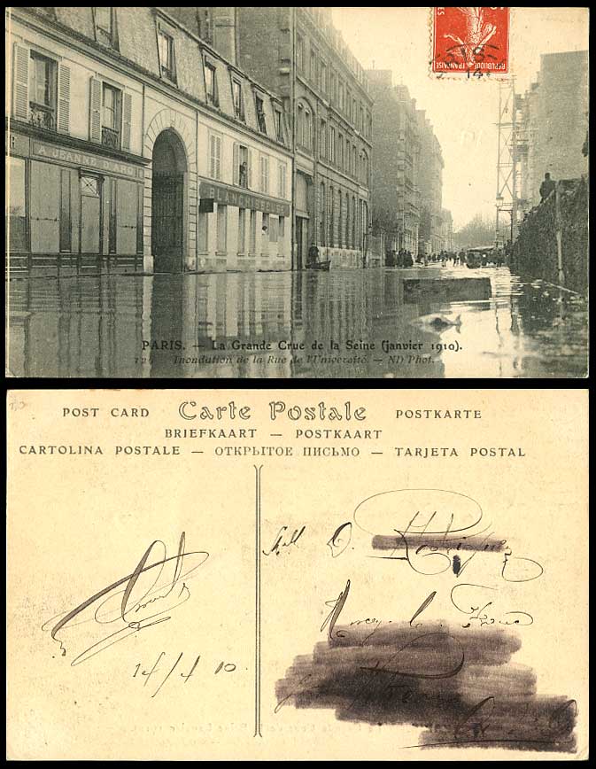 PARIS FLOOD Jan 1910 Old Postcard La Rue de l'Universite University Street Scene