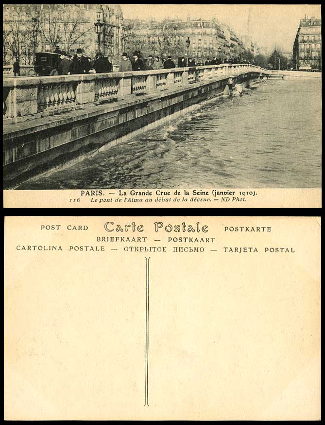 PARIS FLOOD 1910 Old Postcard Alma Bridge - Pont de l'Alma au debut de la Decrue