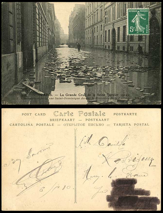 PARIS FLOOD 5c 1910 Old Postcard Rue Saint-Dominique, Ministere de la Guerre War