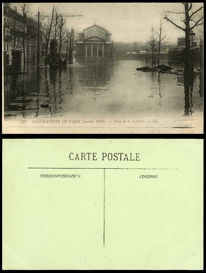 PARIS FLOOD 1910 Old Postcard Place de la Nativite Clock Tower Boats Vin L.L.122