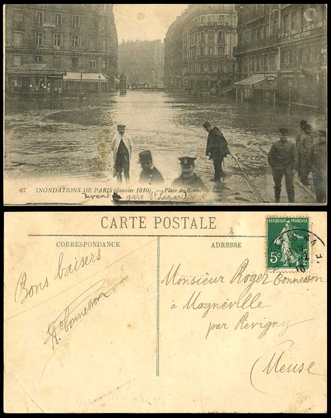 PARIS FLOOD 1910 Old Postcard Place de Rome Street Cosmopolite Hotel Bar L.L. 67