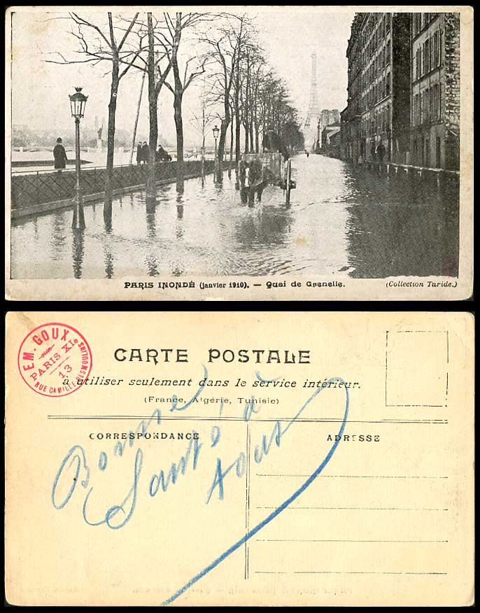 PARIS FLOOD 1910 Old Postcard TOUR EIFFEL TOWER Quai de Grenelle, Bridge, Horse