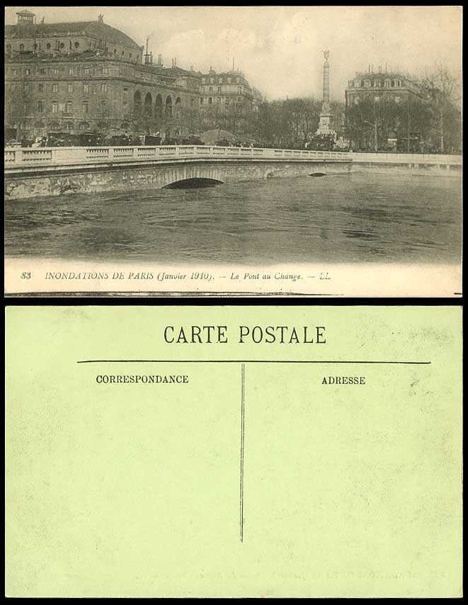 PARIS FLOOD 1910 Old Postcard Pont au Change Bridge Flooded River Scene L.L. 83