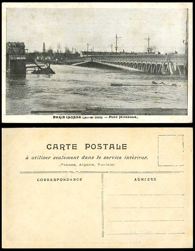 PARIS FLOOD Disasters 1910 Old Postcard Pont Mirabeau Bridge Flooded River Scene