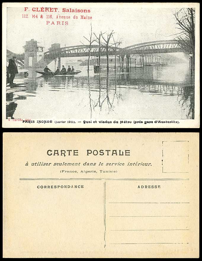 PARIS FLOOD 1910 Old Postcard Quay Quai & Metro Viaduct Bridge Austeritz Station