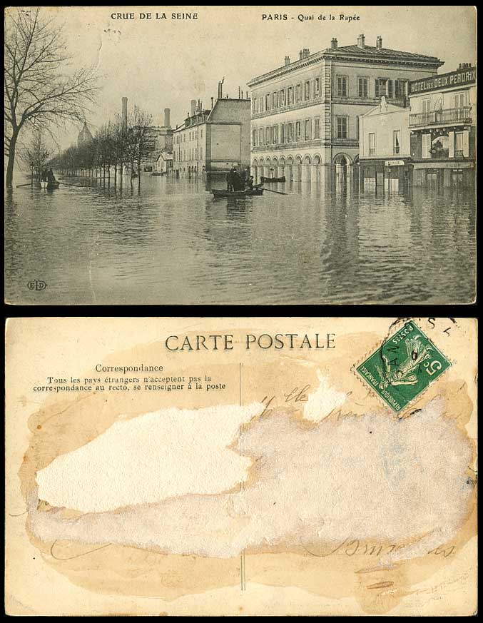 PARIS FLOOD 1910 Old Postcard Quai de La Rapee Quay Hotel des Deux Perdrix Rouge