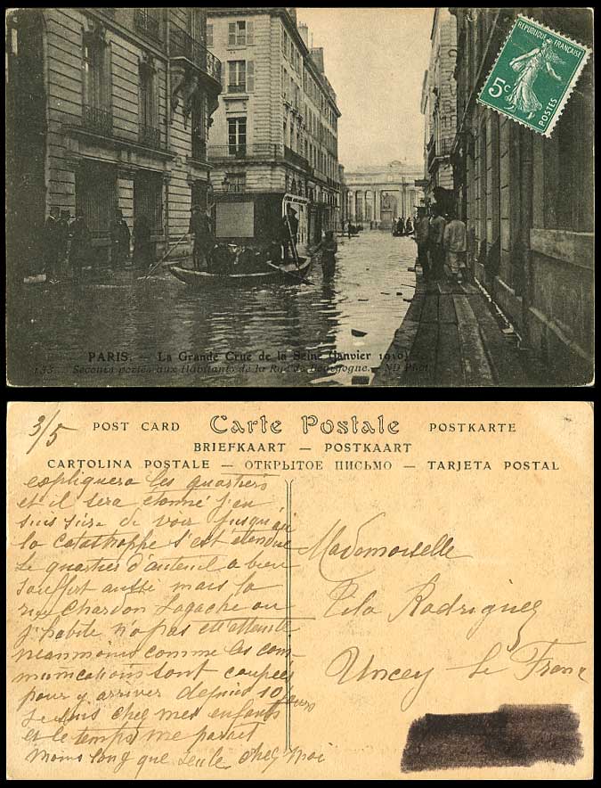 PARIS FLOOD 1910 Old Postcard Residents of Rue de Bourgogne Boat Emergency Doors