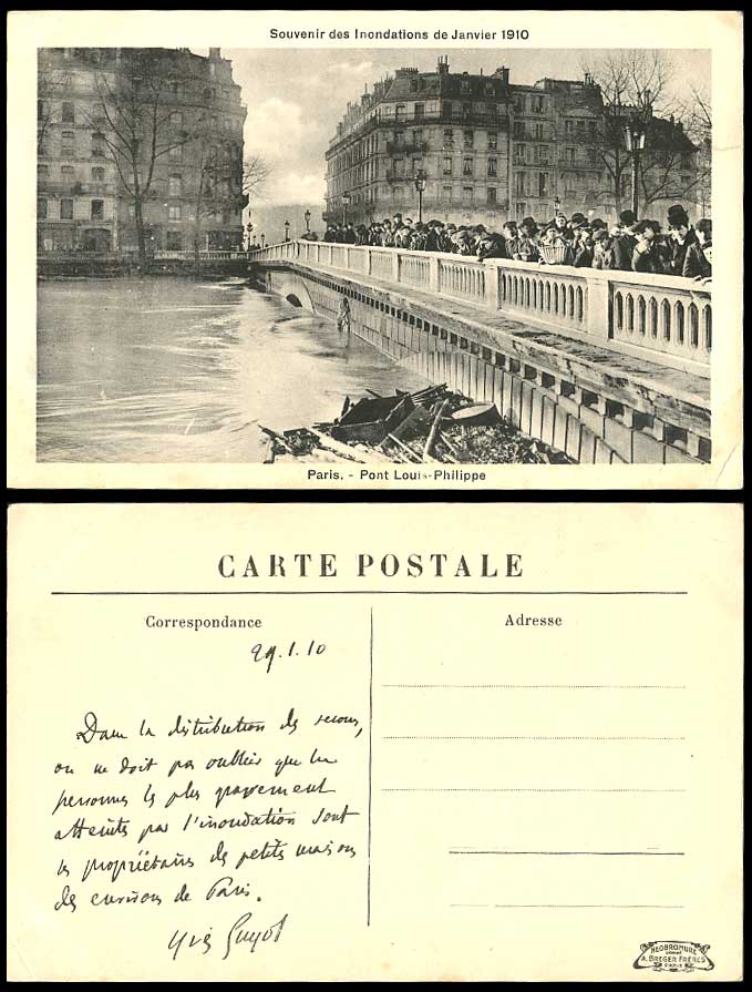 PARIS FLOOD 1910 Old Postcard Pont Louis Philippe Bridge Souvenir des Inondation