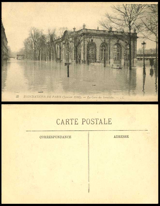 PARIS FLOOD 1910 Old Postcard Gare des Invalides Train Railway Station L.L.No.37