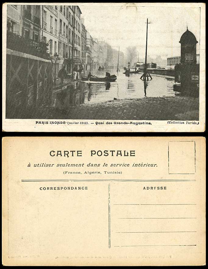 PARIS FLOOD 1910 Old Postcard Quai des Grands Augustins Quay Boats Chocolat Men.