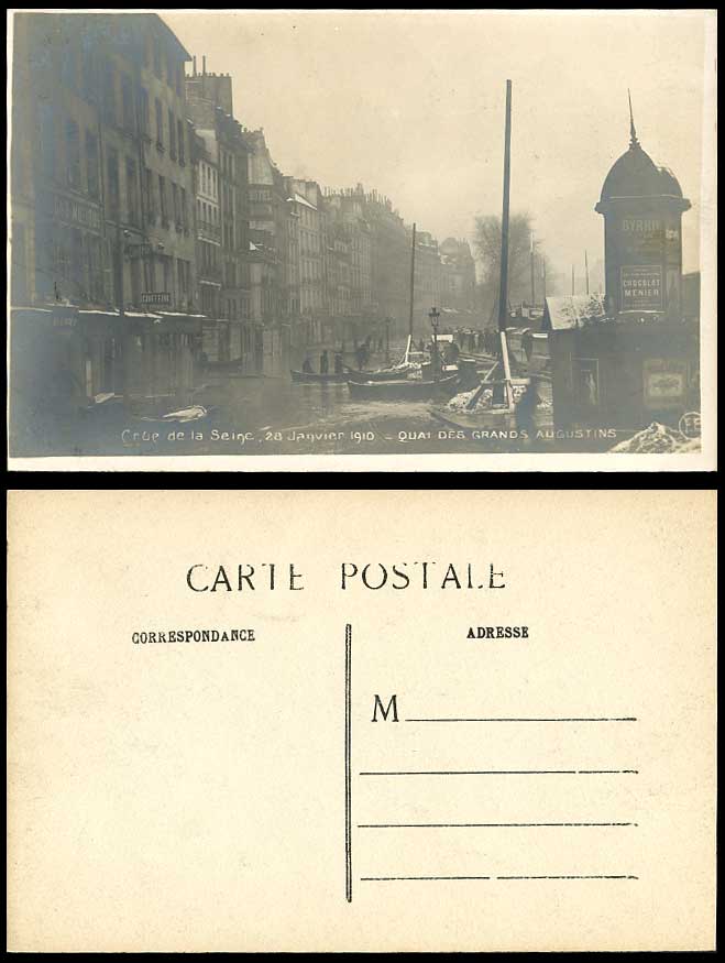 PARIS FLOOD 1910 Old R.P. Postcard Quai des Grands Augustins Quay Coiffeur Boats