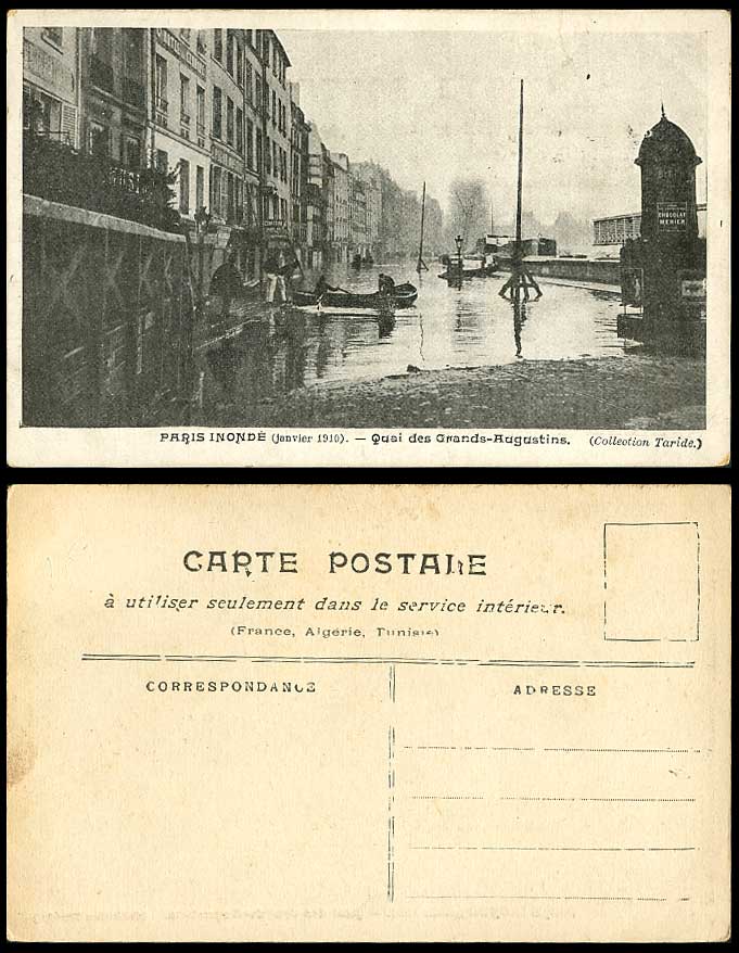 PARIS FLOOD Jan. 1910 Old Postcard Quai des Grands Augustins Quay Boats Hotel Ad