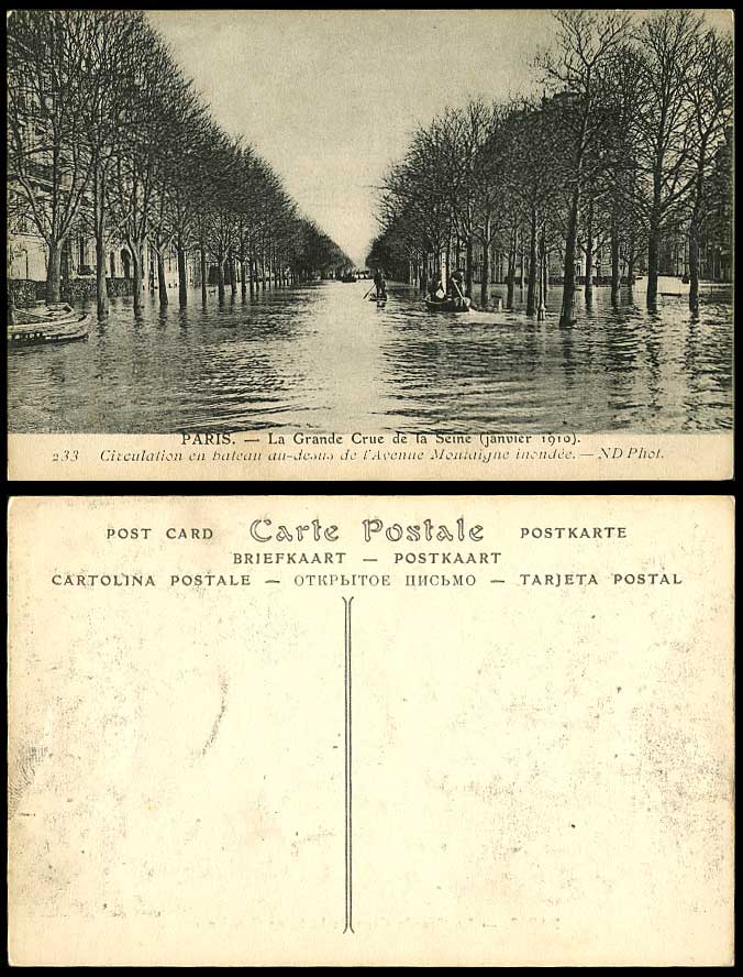PARIS FLOOD 1910 Old Postcard Avenue Montaigne, Boats Traffic Circulation Bateau