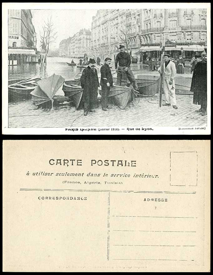 PARIS FLOOD Disaster 1910 Old Postcard Rue de Lyon Boats Canoes & Rescue Workers