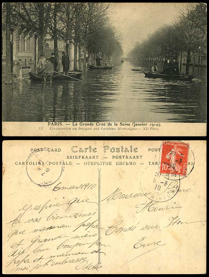 PARIS FLOOD 10c J 1910 Old Postcard Circulation en Barque Avenue Montaigne Boats