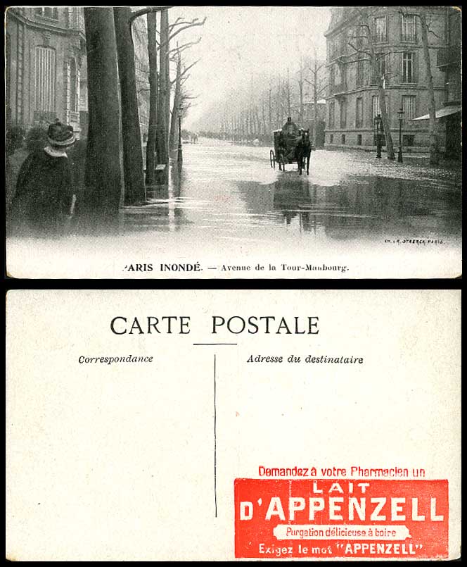 PARIS FLOOD 1910 Old Postcard Boulevard de La Tour-Maubourg Appenzell Advertise.